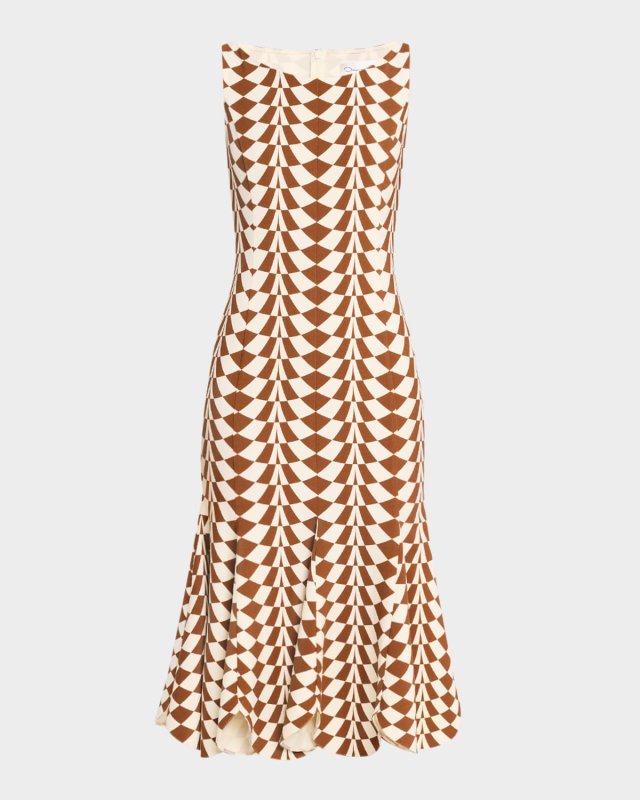 Sleeveless Geo Stretch Wool Scalloped Midi Dress